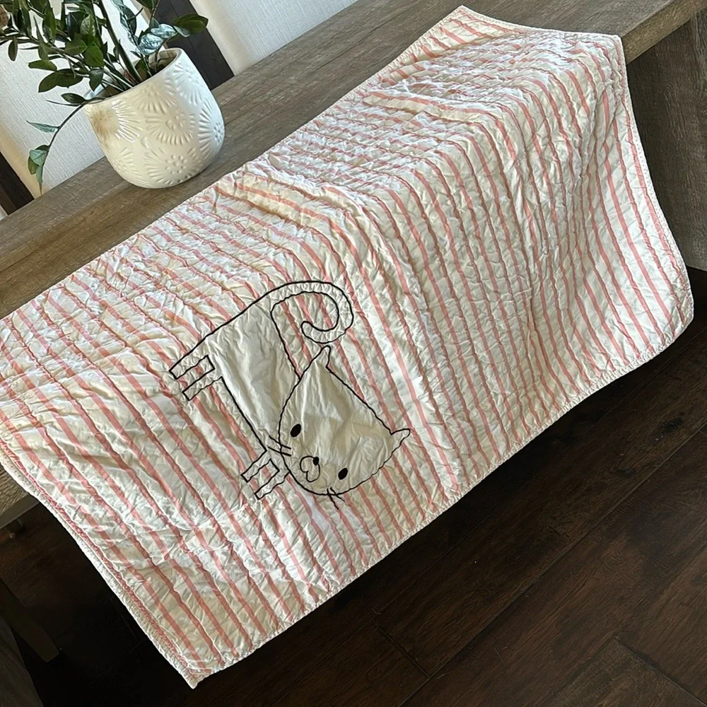 Vintage The Land Of Nod Pink White Striped Cat Throw Baby Blanket‎ Nursery Crib